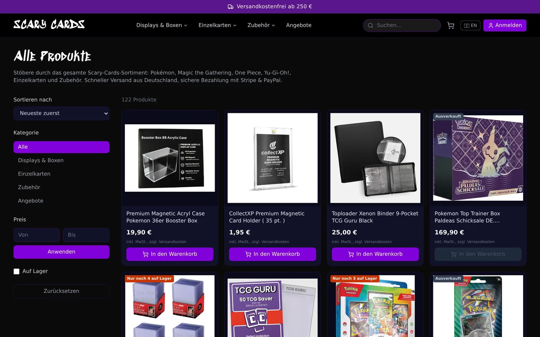 Produktübersicht im Scary Cards Shop mit Filtern und Warenkorb-Buttons