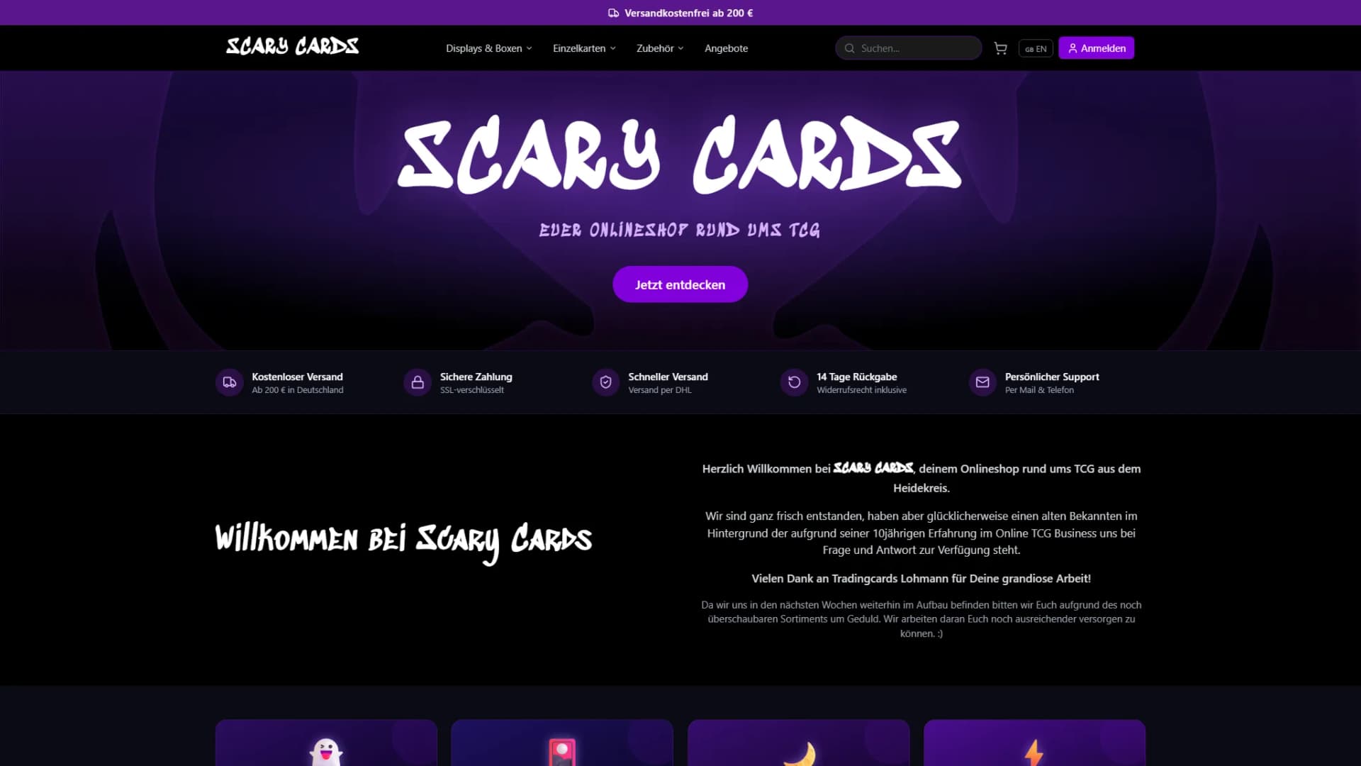 Startseite des Scary Cards Webshops mit lila TCG-Branding